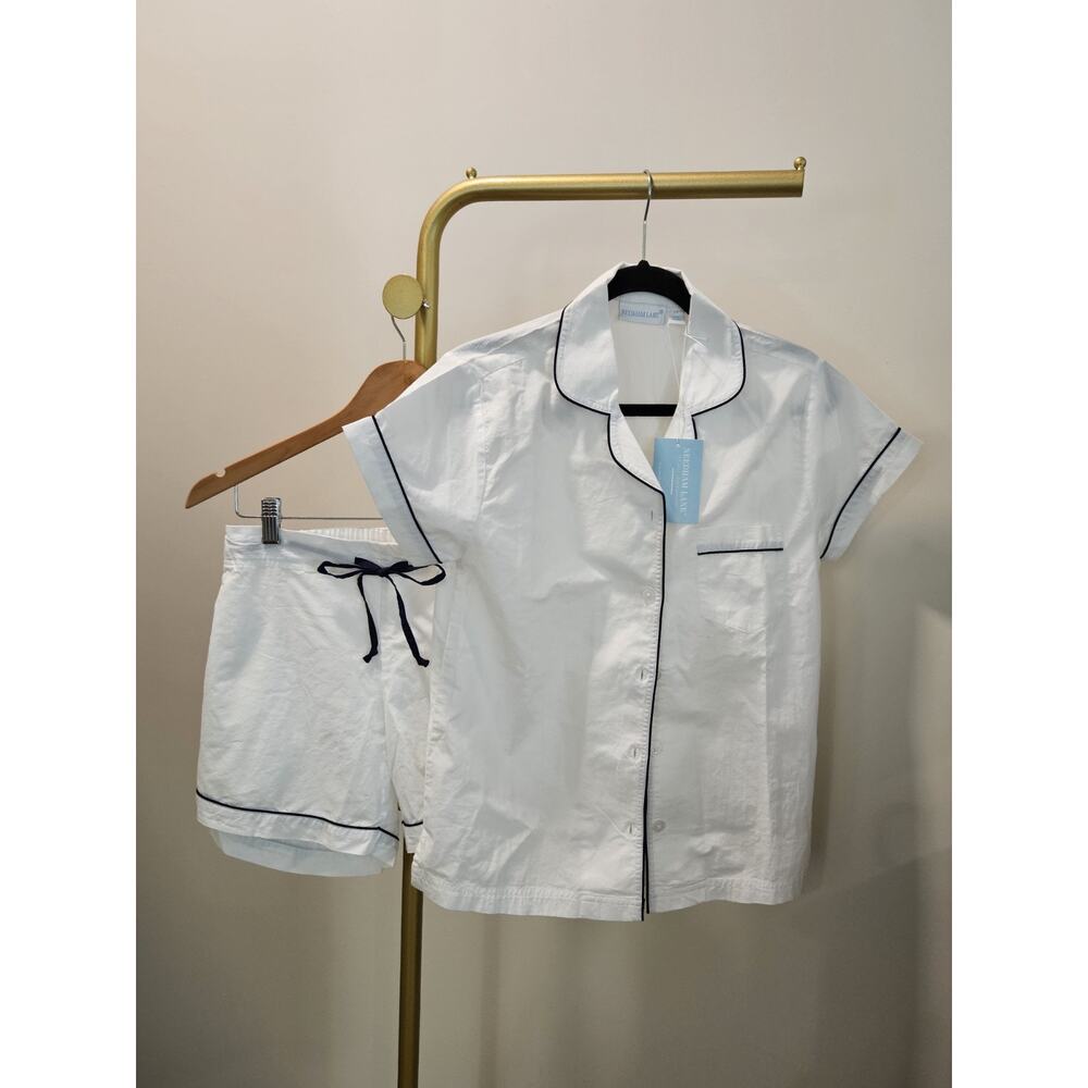 NWT Needham Lane 2 Pc Shorts Pajama Set White/Navy Piping Set XS Bride Cotton